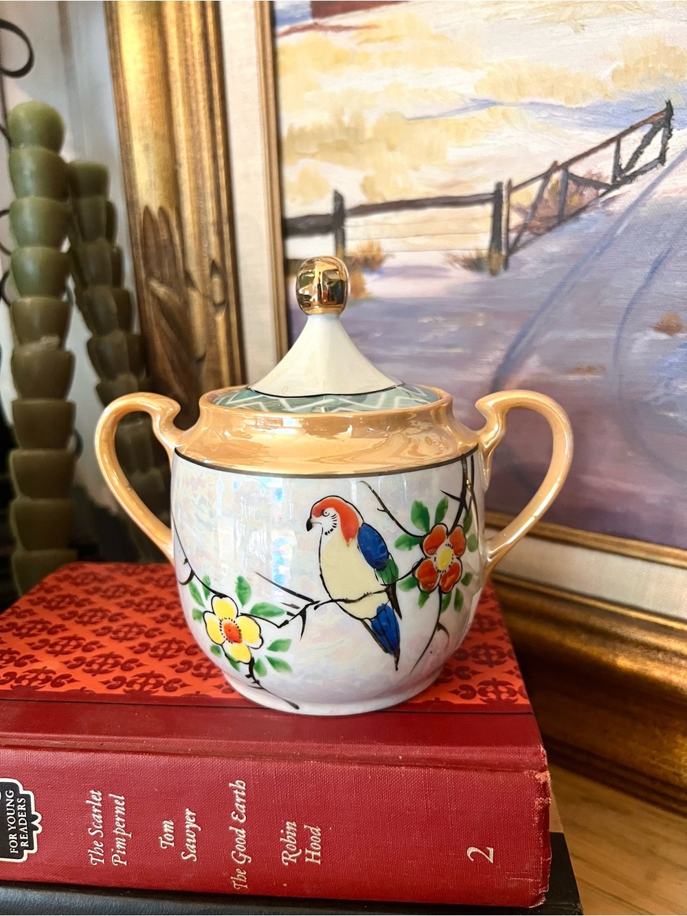 Vintage Noritake lustreware lidded sugar bowl double handle exotic bird motif